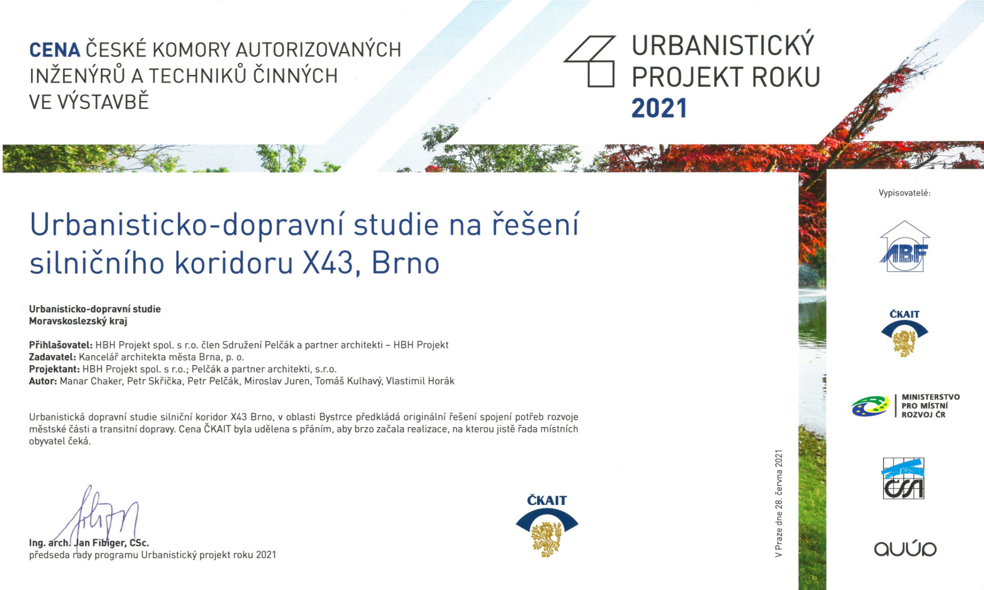 Silniční koridor X43 obdržel cenu – Urbanistický projekt roku 2021