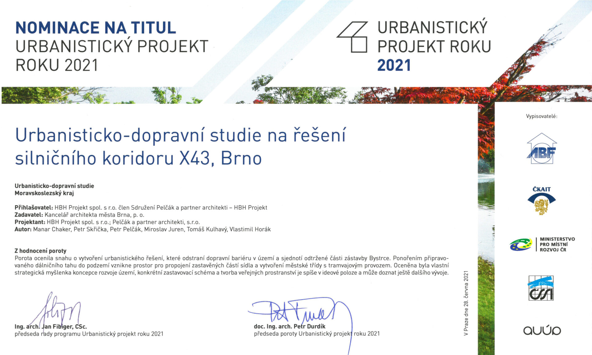 Silniční koridor X43 obdržel cenu – Urbanistický projekt roku 2021