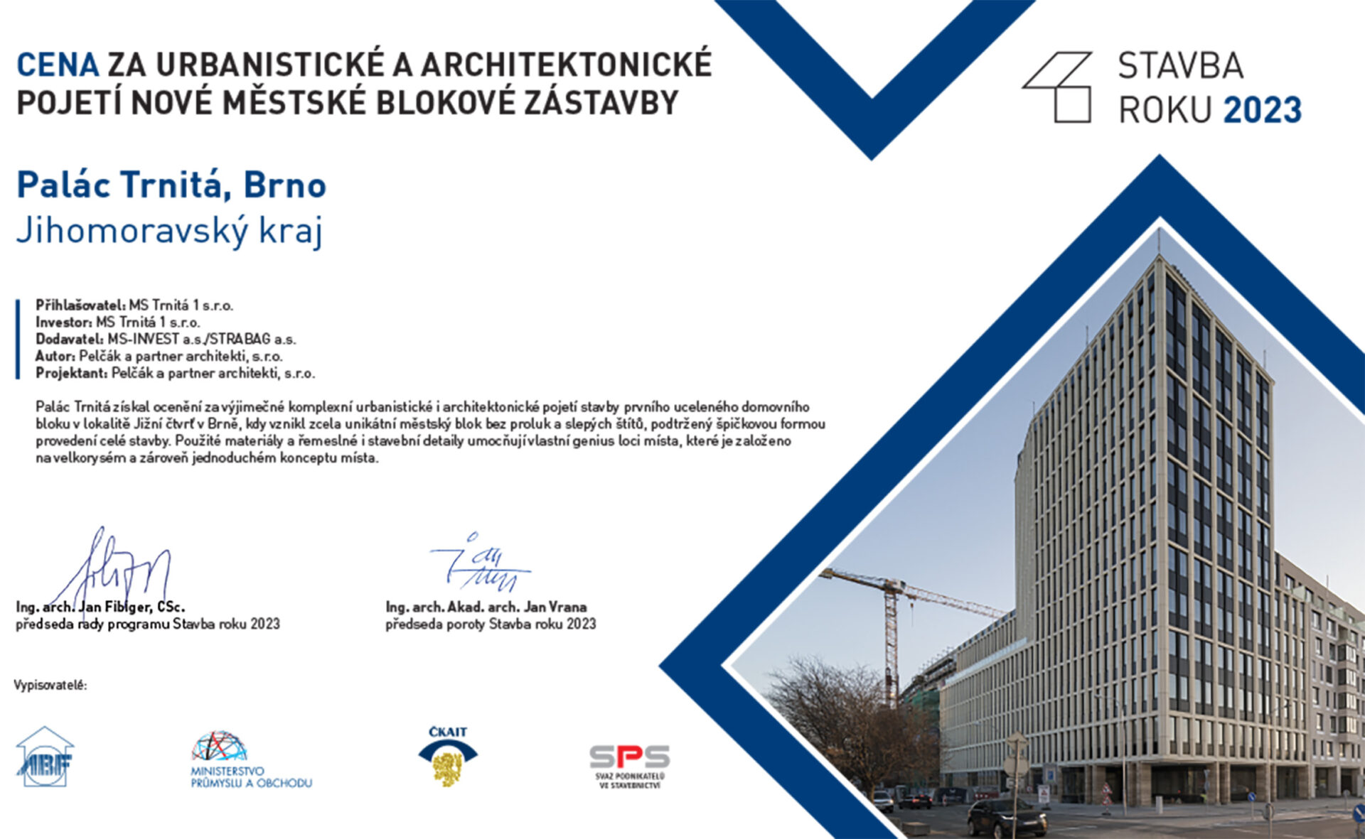 Palác Trnitá Brno cena Stavba roku 2023